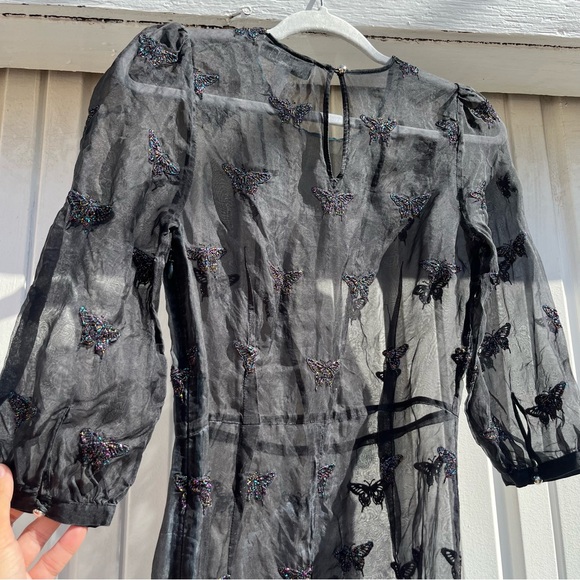 FLEUR DU MAL black sheer silk organza mesh puff short sleeve butterfly beaded - Picture 5 of 8
